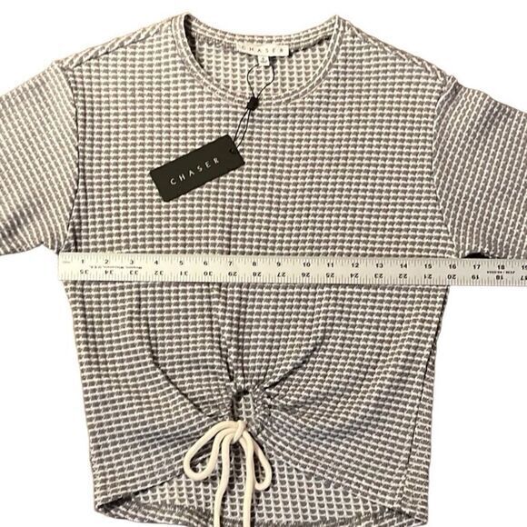 Chaser womens top Size Small cropped waist tie textured gray white short sleeve - Picture 6 of 8